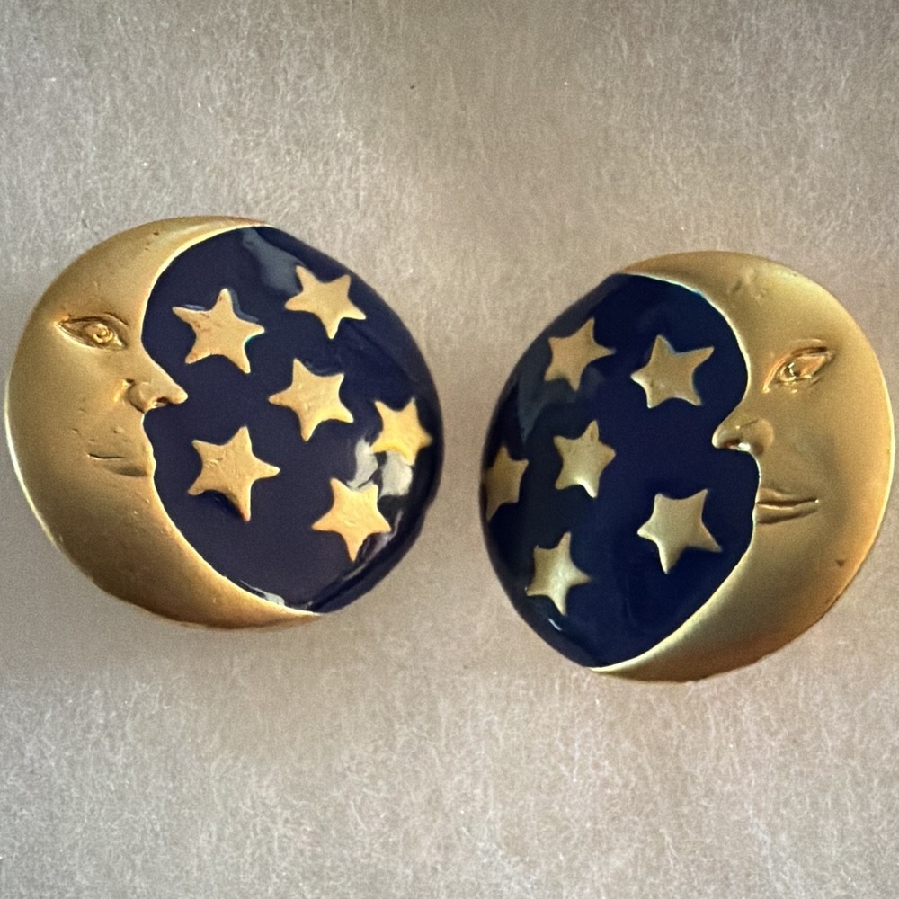 Gold Tone Blue Enamel Moon & Stars Round Clip-On Earrings. Celestial. Y2K.